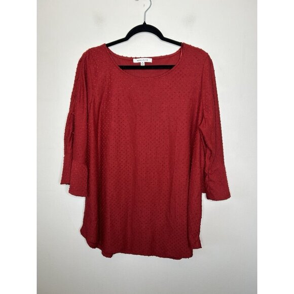 Rose + Olive Women’s Top Plus Red 3/4 Ruffle Sleeve Dots Relaxed Size 1X - Picture 2 of 12